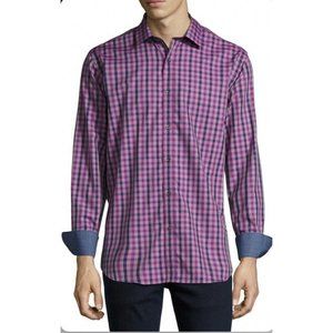 Bugatchi Uomo Plaid Print Sport Shirt Orchid Shaped Fit Long Sleeve Men’s Large